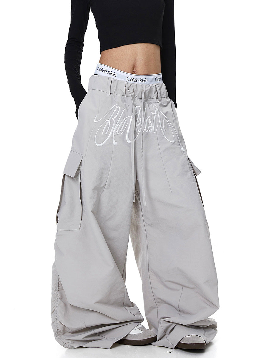 Whysoil-Cursive Front Letter Dual Pocket Drawstring Ultra Wide Leg Cargo Pants