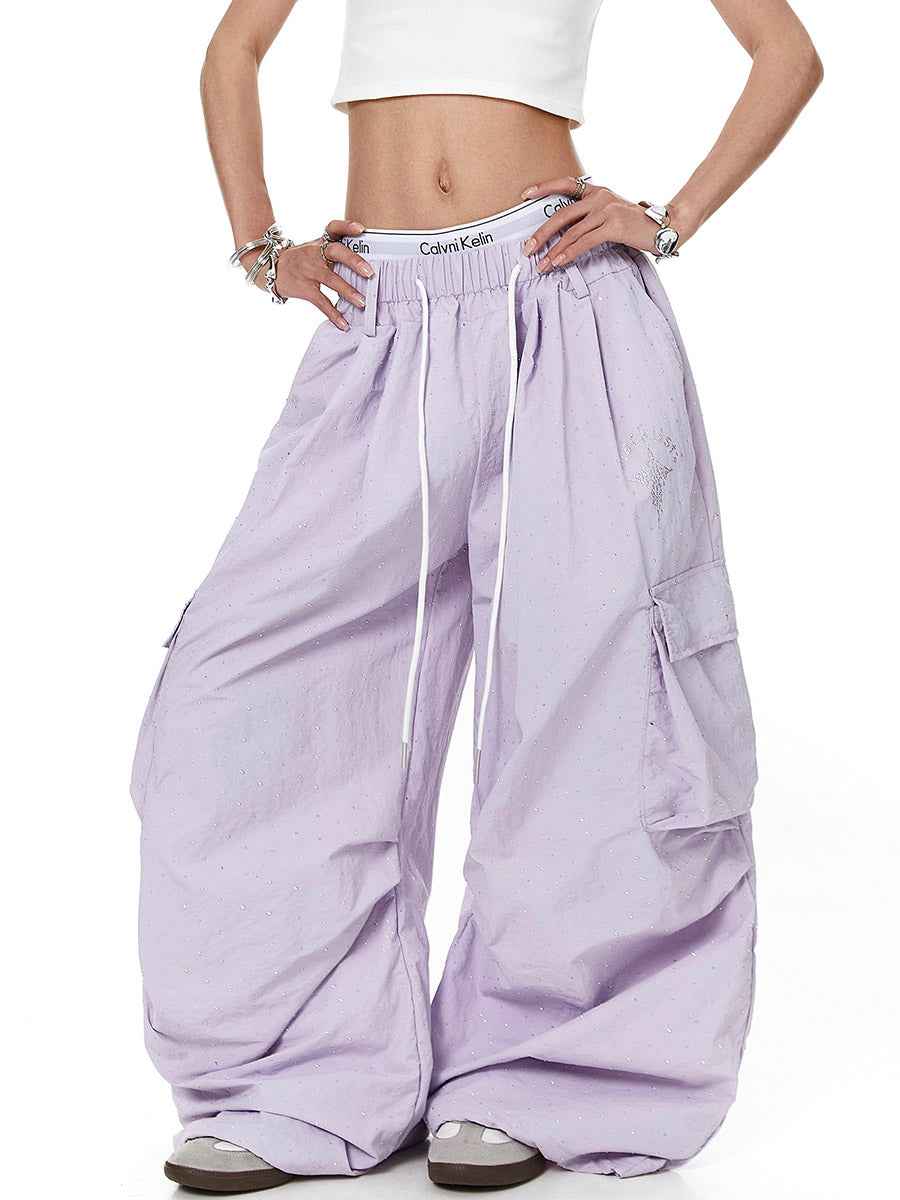 Whysoil-Star Glitter Print Multi-Pocket Ruched Drawstring Wide Leg Cargo Pants