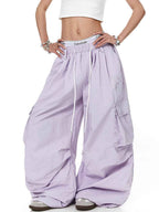 Whysoil-Star Glitter Print Multi-Pocket Ruched Drawstring Wide Leg Cargo Pants
