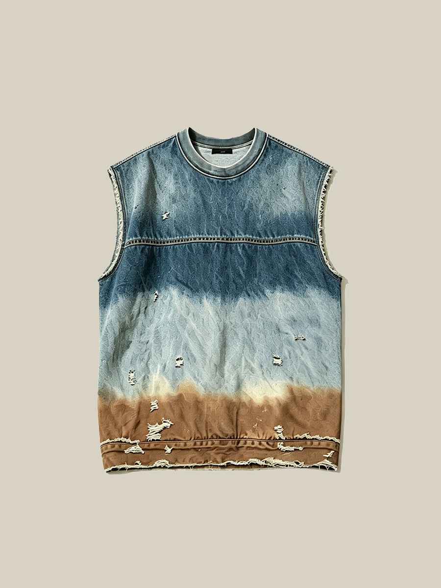 Gradient Distressed Vintage Denim Oversized Sleeveless Tank Top Tri-Color Earth Fade Wash | WHYSOIL