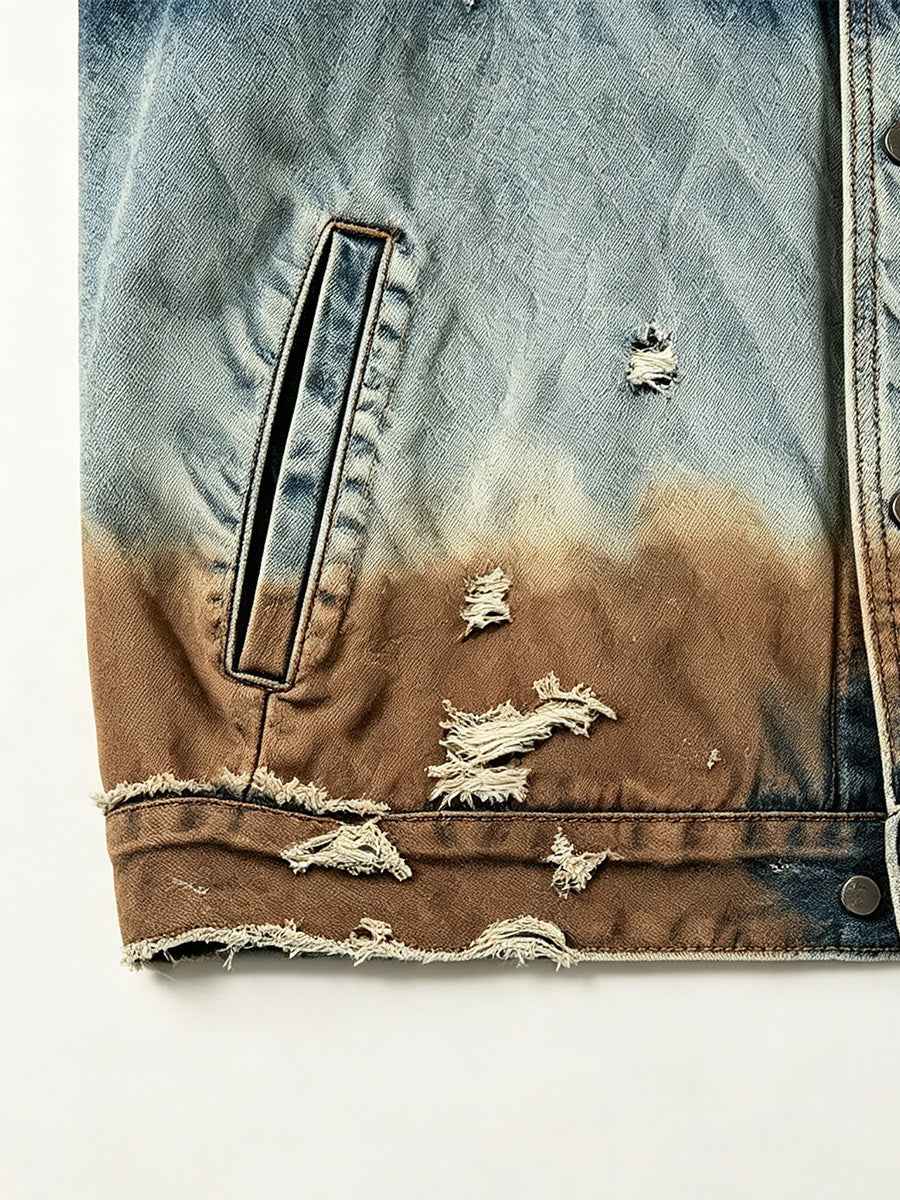 Gradient Distressed Vintage Denim Oversized Vest Tri-Color Earth Fade Wash | WHYSOIL