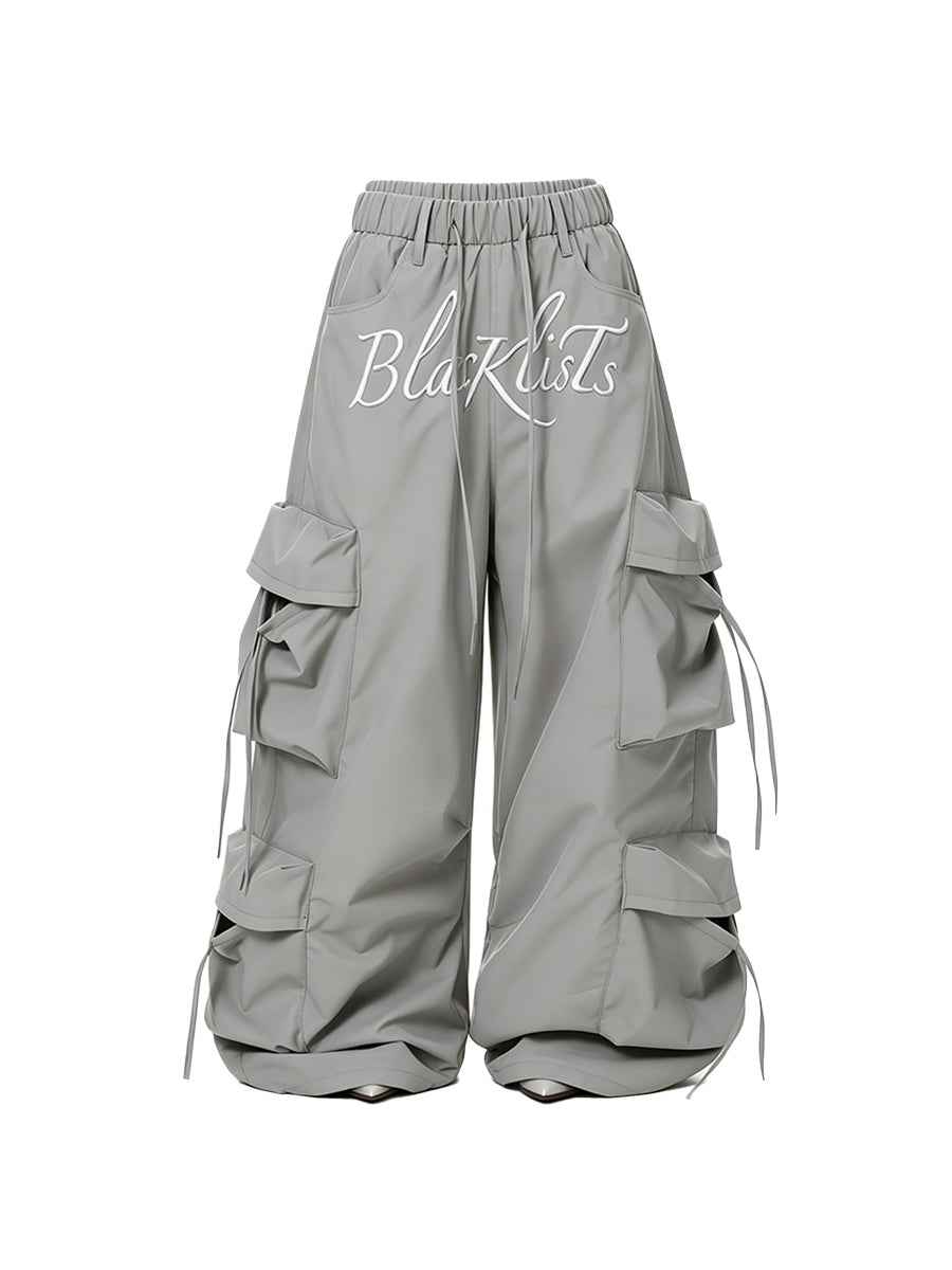 Whysoil-Embroidered Multi-Pocket Drawstring Wide Leg Cargo Pants