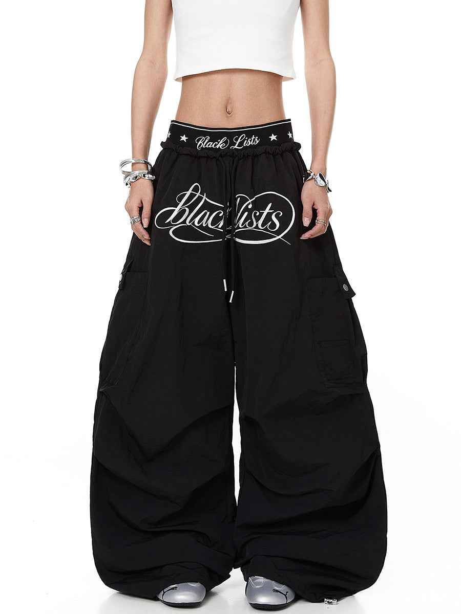 Whysoil-Cursive Print Multi-Pocket Ruched Wide Leg Cargo Pants