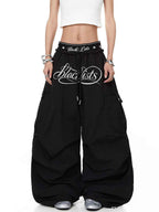 Whysoil-Cursive Print Multi-Pocket Ruched Wide Leg Cargo Pants
