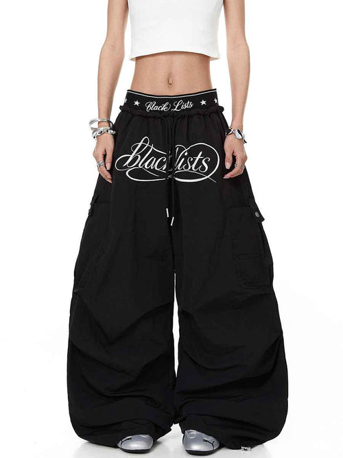 Whysoil-Cursive Print Multi-Pocket Ruched Wide Leg Cargo Pants