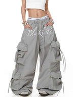 Whysoil-Embroidered Multi-Pocket Drawstring Wide Leg Cargo Pants