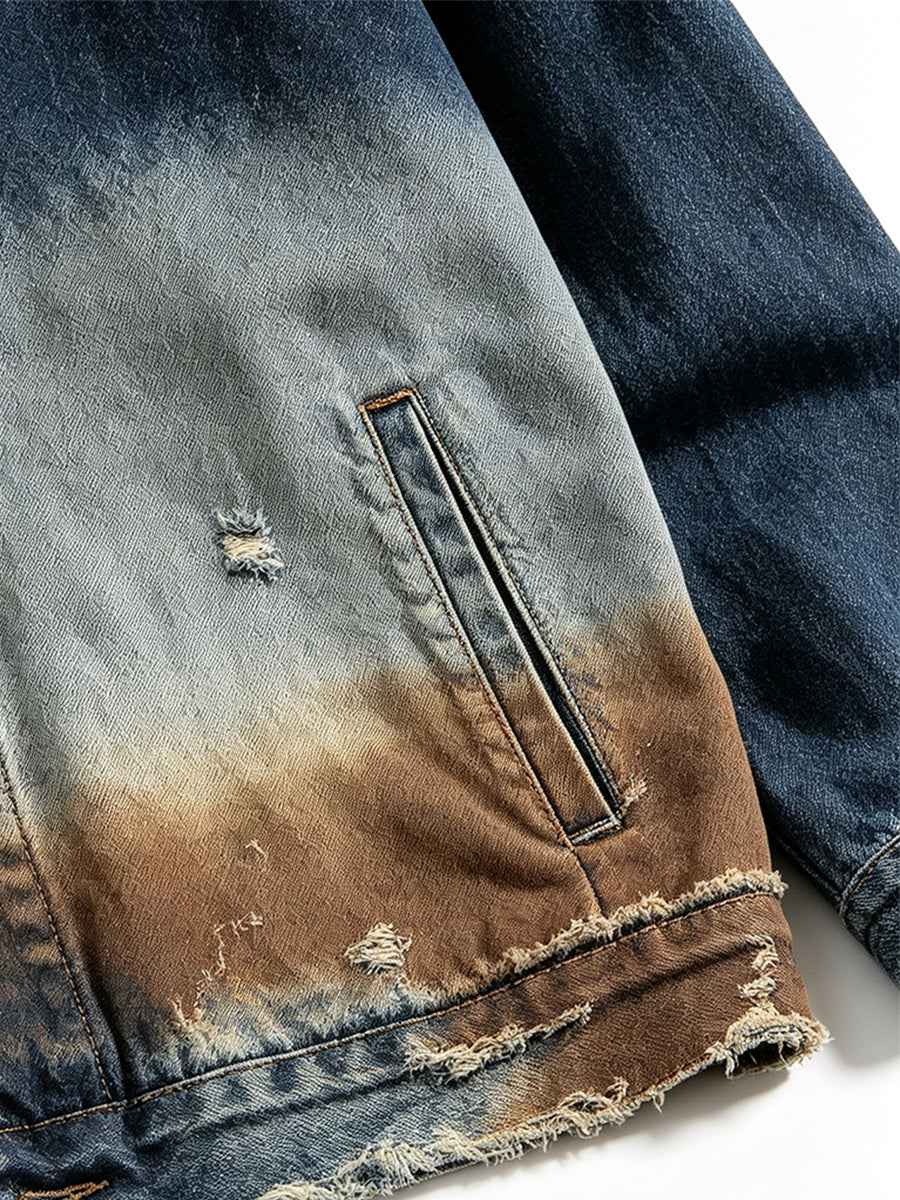 Gradient Distressed Vintage Denim Oversized Jacket Tri-Color Fade Wash | WHYSOIL