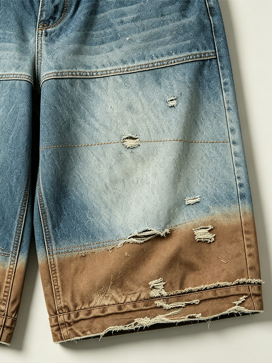 Gradient Distressed Vintage Denim Oversized Five-Point Shorts Tri-Color Earth Fade Wash | WHYSOIL