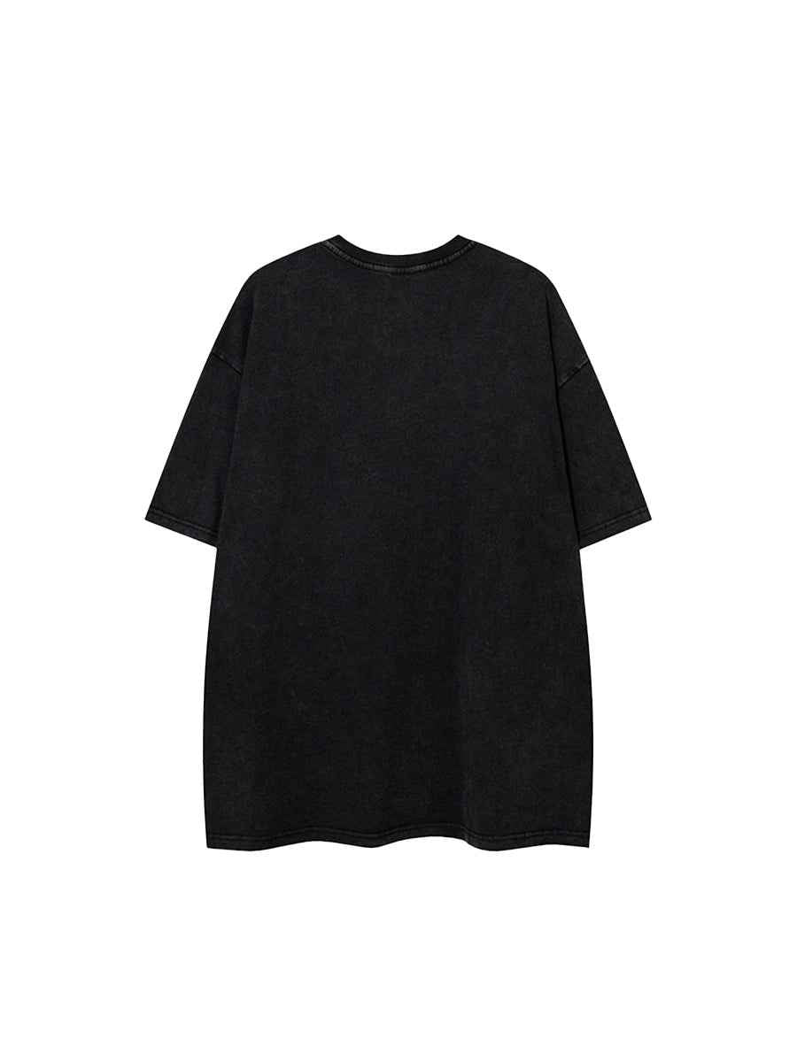 Whysoil-Distressed Jagged Gothic Stacked Letter Print Washed Oversized T-Shirt