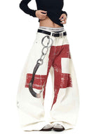 Whysoil-Distressed Red Cross Chain Hook Graphic Oversized Wide Leg Casual Pants