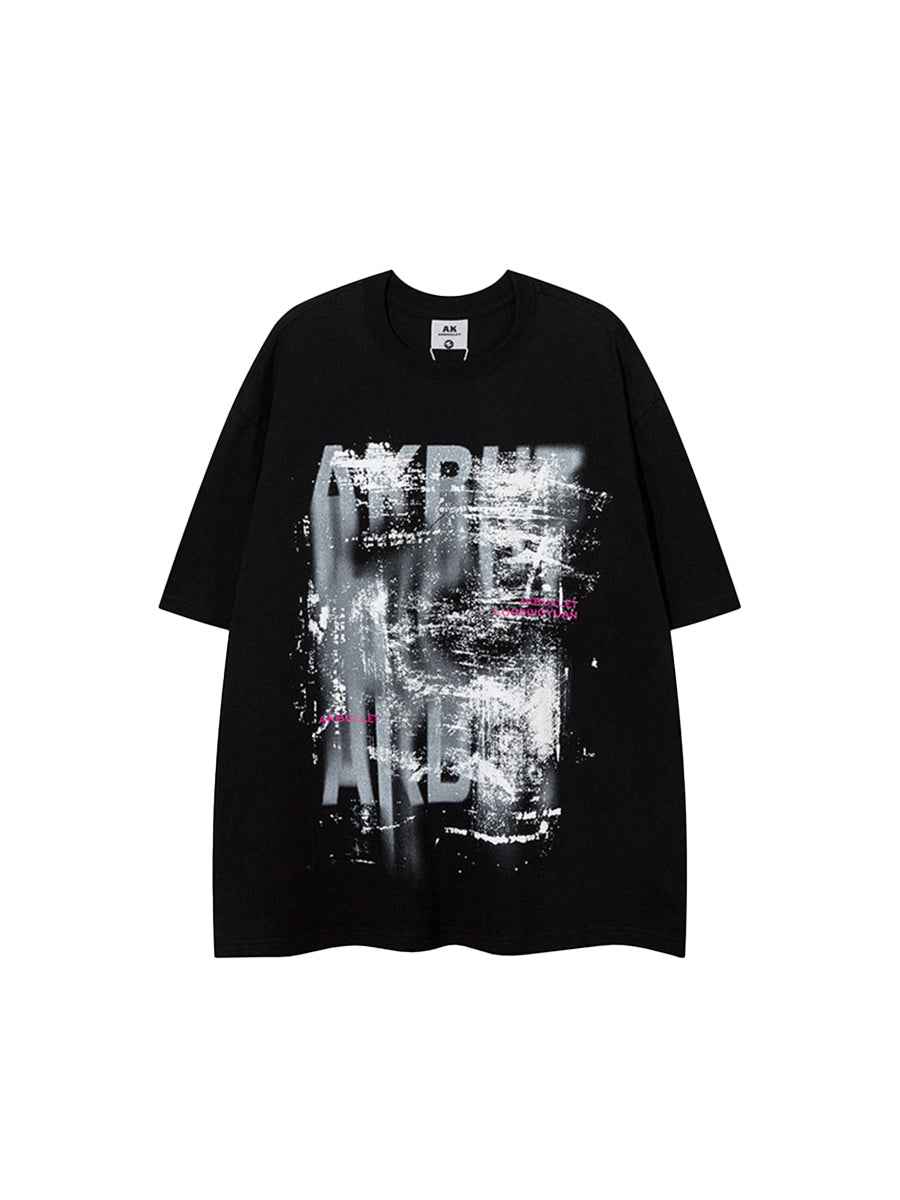 Whysoil-Distressed Scratch Overlay Blur Letter Print Oversized T-Shirt