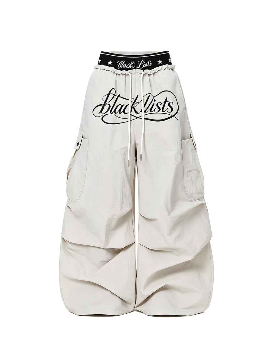 Whysoil-Cursive Print Multi-Pocket Ruched Wide Leg Cargo Pants
