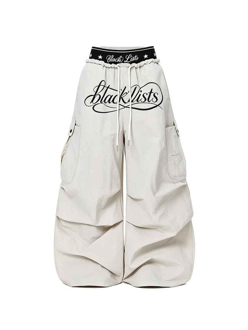 Whysoil-Cursive Print Multi-Pocket Ruched Wide Leg Cargo Pants