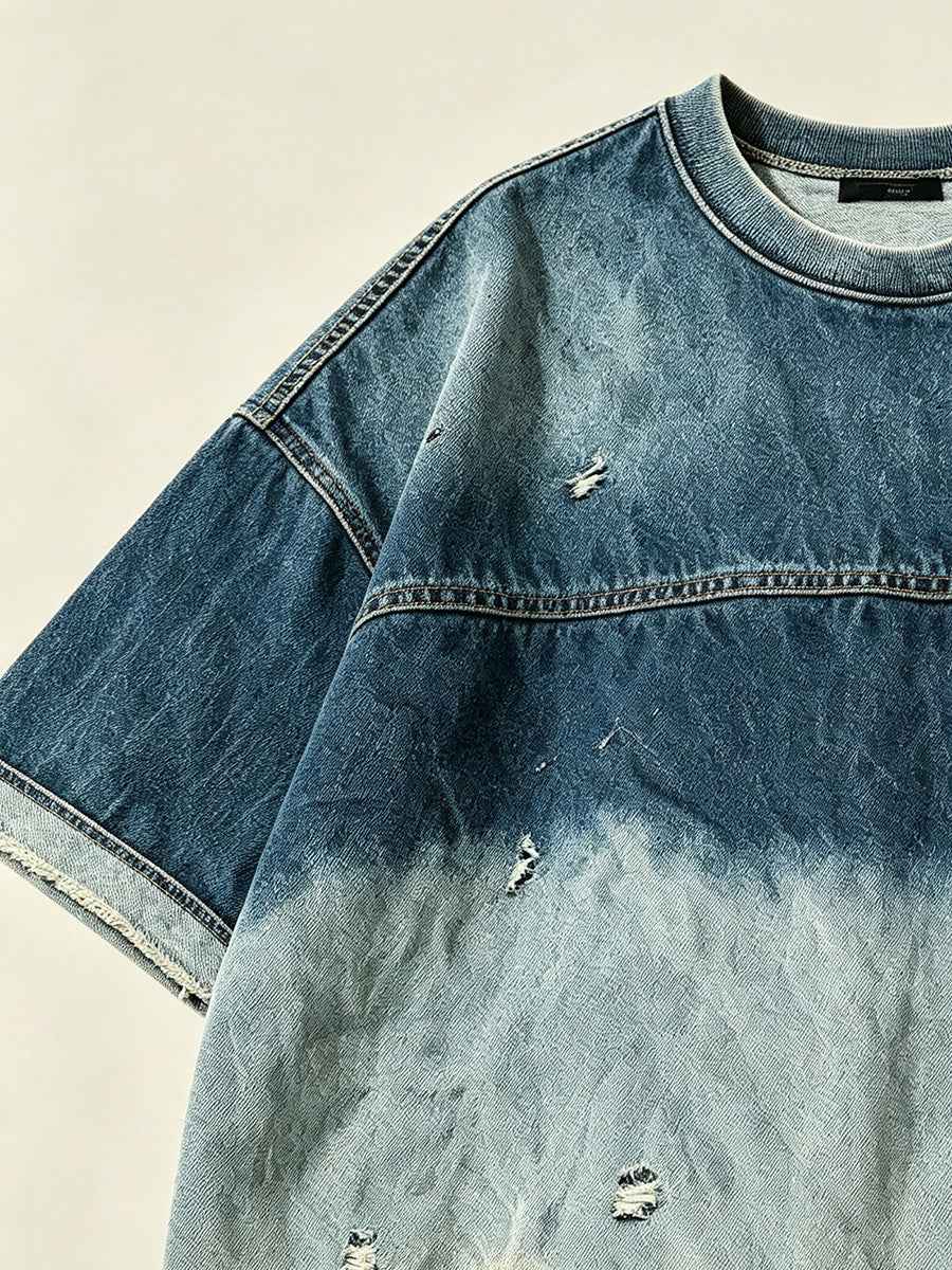 Gradient Distressed Vintage Denim Oversized Short Sleeve Tee Tri-Color Earth Fade Wash | WHYSOIL