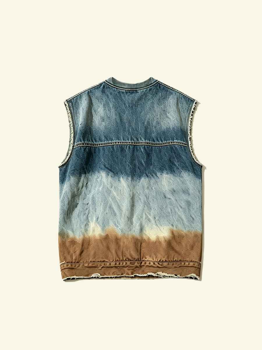 Gradient Distressed Vintage Denim Oversized Sleeveless Tank Top Tri-Color Earth Fade Wash | WHYSOIL