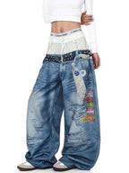 Whysoil-Plaid Spliced Waist Multi Label Patch Distressed Wide Leg Denim Pants