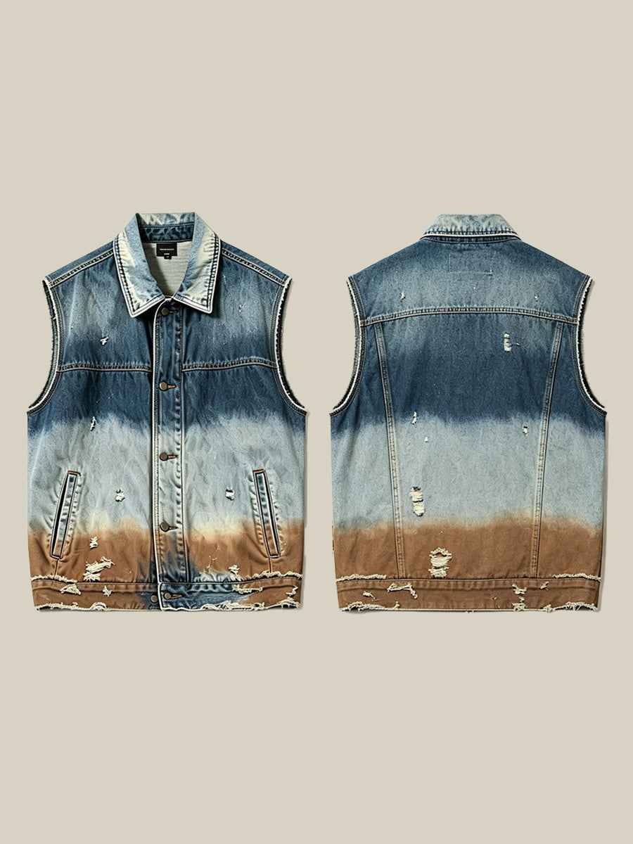 Gradient Distressed Vintage Denim Oversized Vest Tri-Color Earth Fade Wash | WHYSOIL