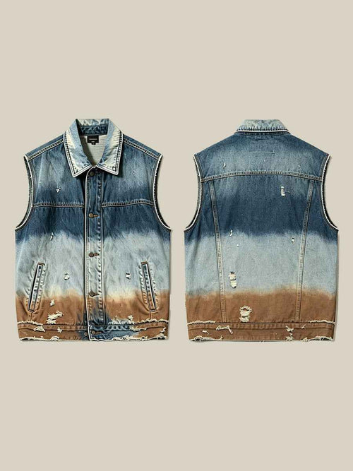 Gradient Distressed Vintage Denim Oversized Vest Tri-Color Earth Fade Wash | WHYSOIL