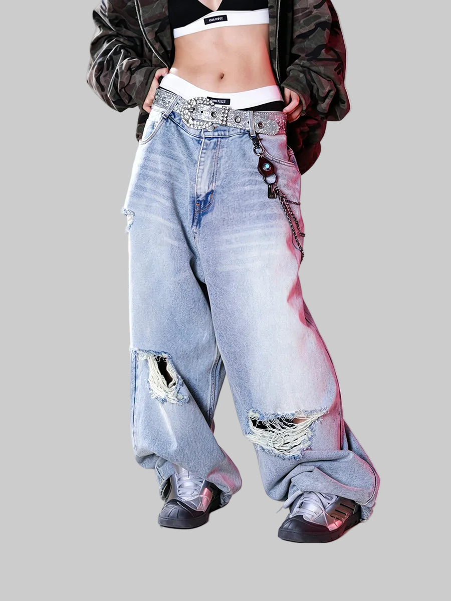 WHY SOIL Distressed Light Wash Casual Denim Pants