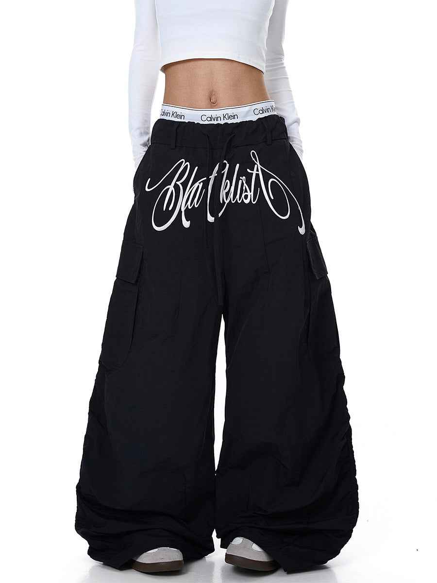 Whysoil-Cursive Front Letter Dual Pocket Drawstring Ultra Wide Leg Cargo Pants