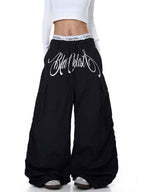 Whysoil-Cursive Front Letter Dual Pocket Drawstring Ultra Wide Leg Cargo Pants
