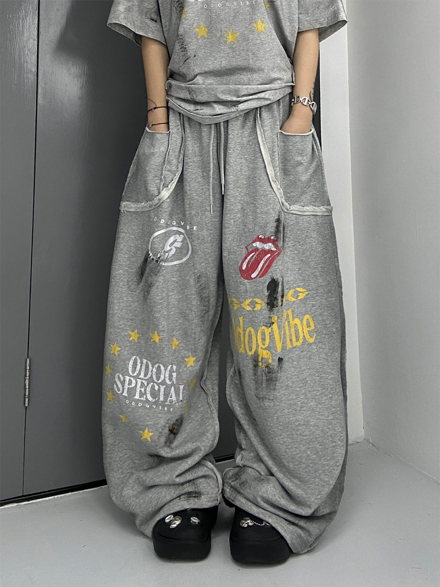WHYSOIL Vintage Graphic Wide-Leg Sweatpants
