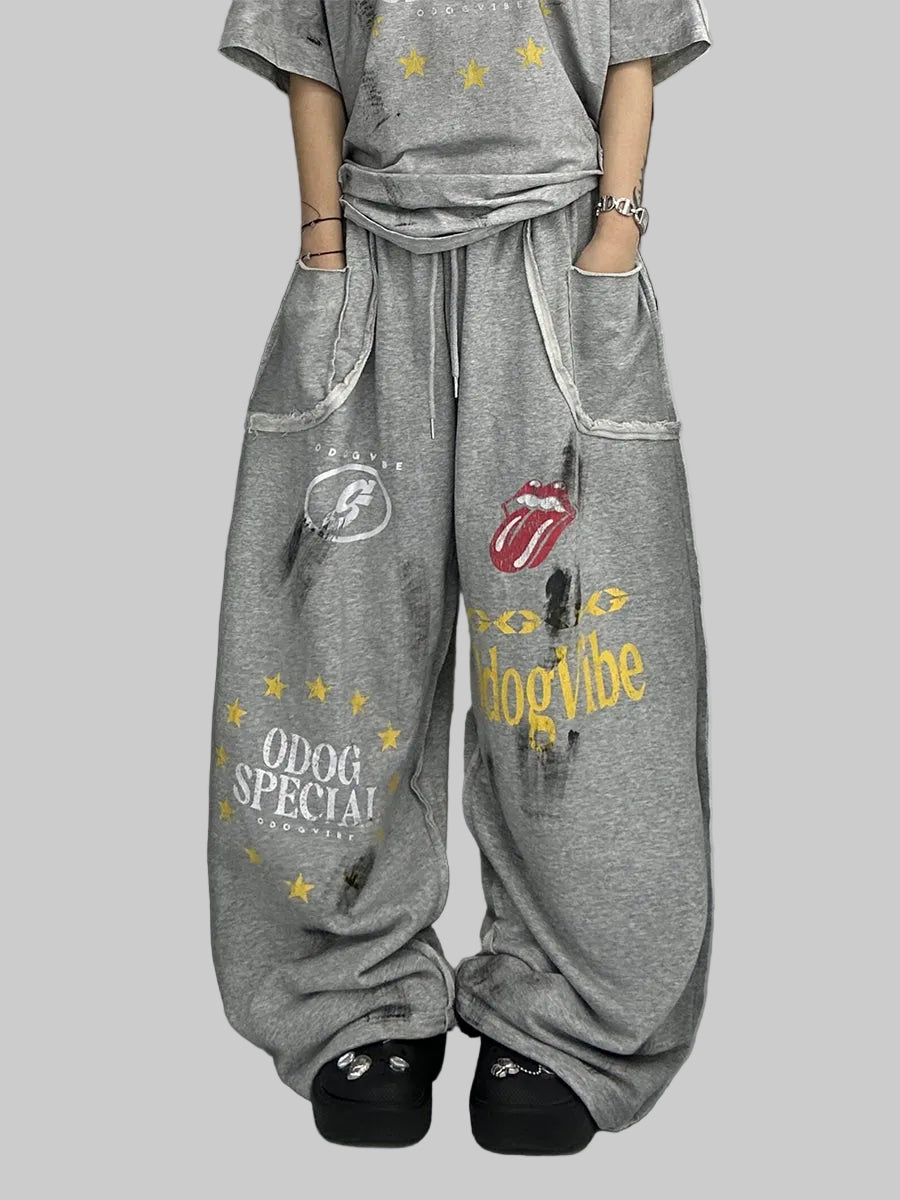 WHYSOIL Vintage Graphic Wide-Leg Sweatpants