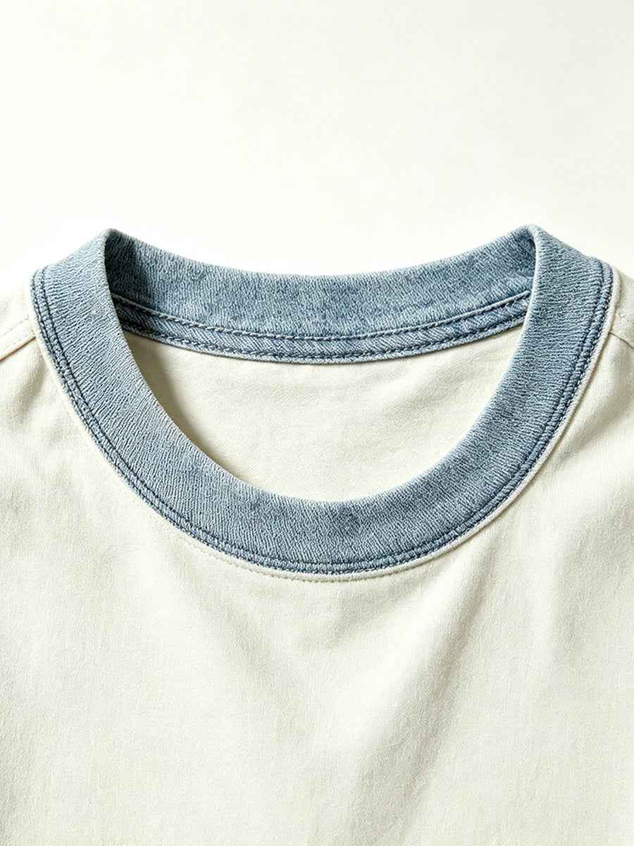 Cream Light Blue Color Block Cargo Sleeve Crew Neck Oversized Short Sleeve T-Shirt | WHYSOIL