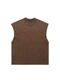 Whysoil-Washed Grey Raw Edge Sleeveless Oversized Crew Neck Tank Top