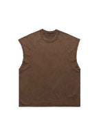 Whysoil-Washed Grey Raw Edge Sleeveless Oversized Crew Neck Tank Top