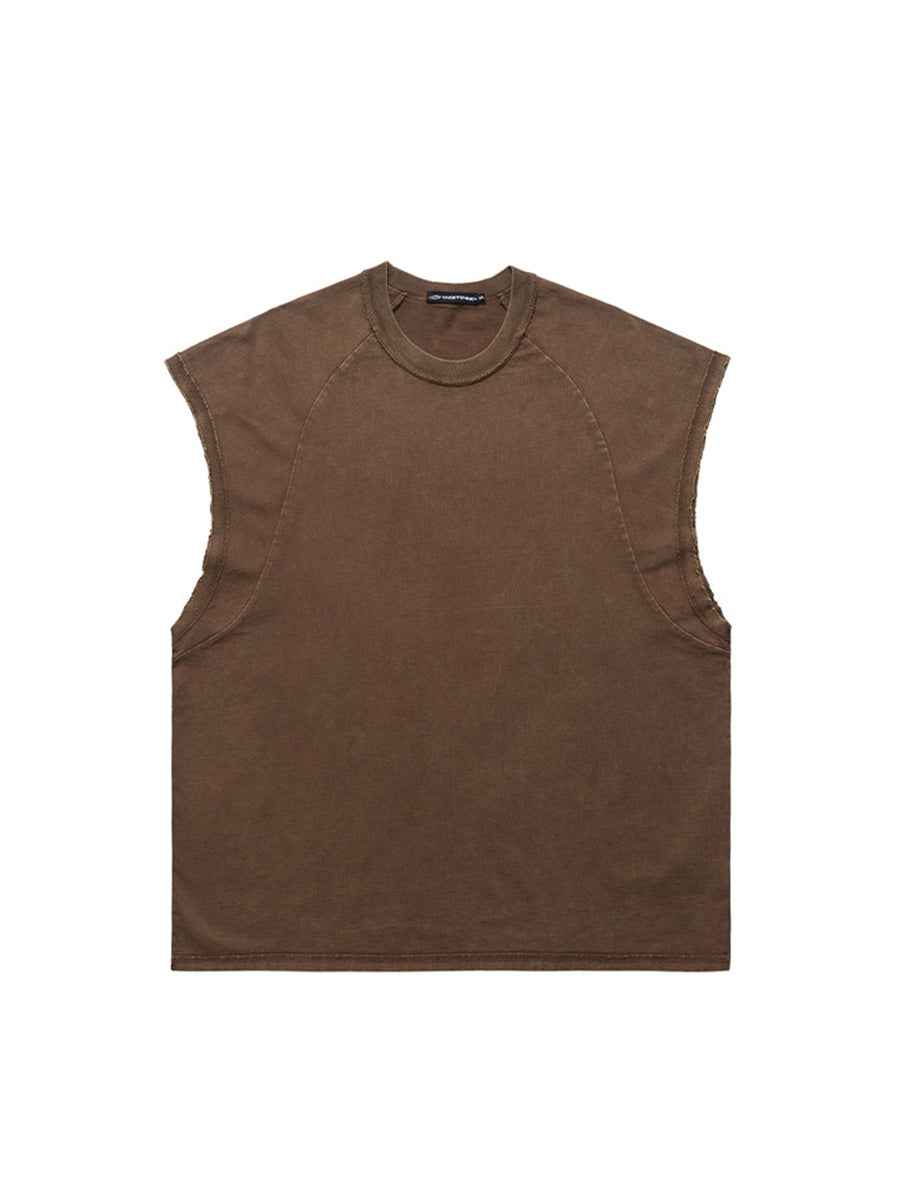 Whysoil-Washed Grey Raw Edge Sleeveless Oversized Crew Neck Tank Top