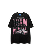 Whysoil-Vintage Classic Car Multi-Layer Slogan Print Washed Oversized T-Shirt