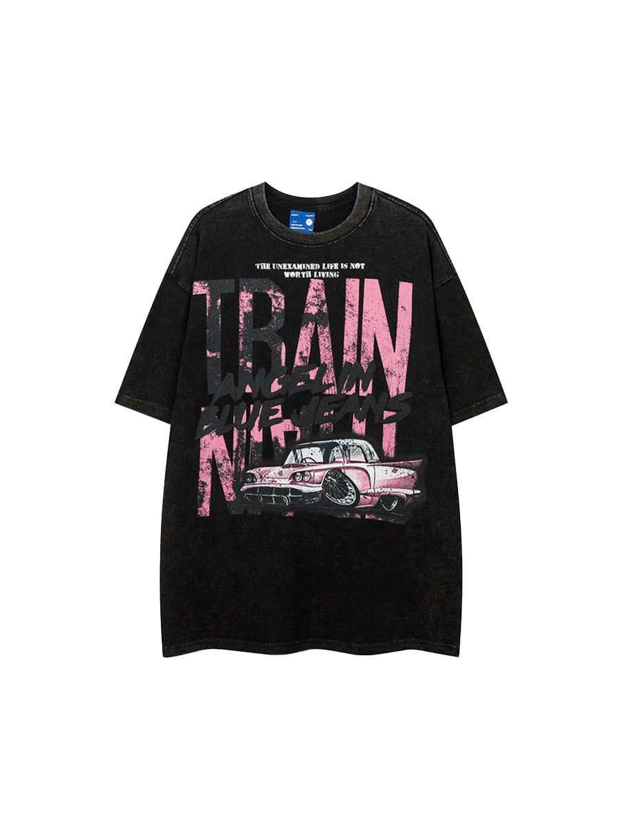 Whysoil-Vintage Classic Car Multi-Layer Slogan Print Washed Oversized T-Shirt