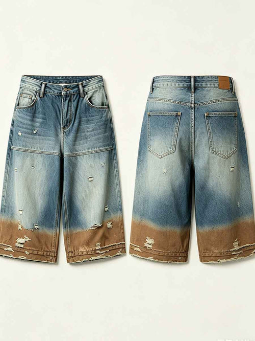 Gradient Distressed Vintage Denim Oversized Five-Point Shorts Tri-Color Earth Fade Wash | WHYSOIL