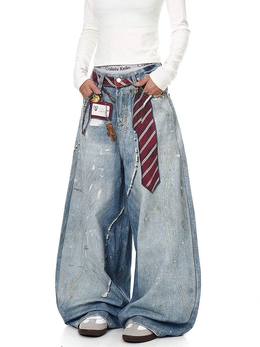 Whysoil-Detachable Stripe Tie Vintage Washed Distressed Balloon Wide Leg Jeans