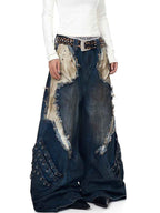 Whysoil-Contrast Patch Raw Fringe Rivet Curved Stitch Wide Leg Denim Pants
