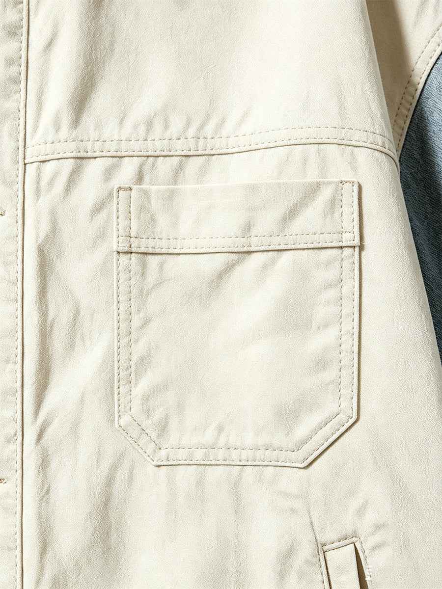Color Block Patchwork Regular Shoulder Oversized Short Sleeve Denim Jacket Cream Blue Wash | WHYSOIL