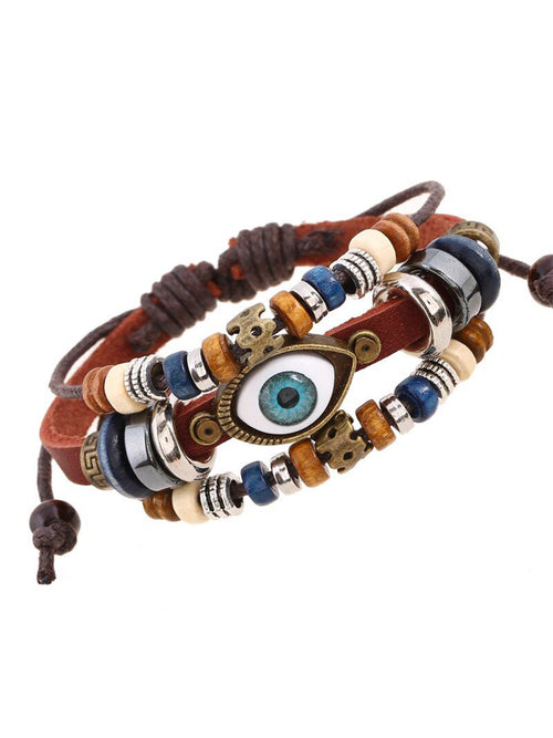 Whysoil-Evil Eye Multi Bead Adjustable Leather Cord Bohemian Stacked Bracelet