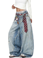 Whysoil-Detachable Stripe Tie Vintage Washed Distressed Balloon Wide Leg Jeans
