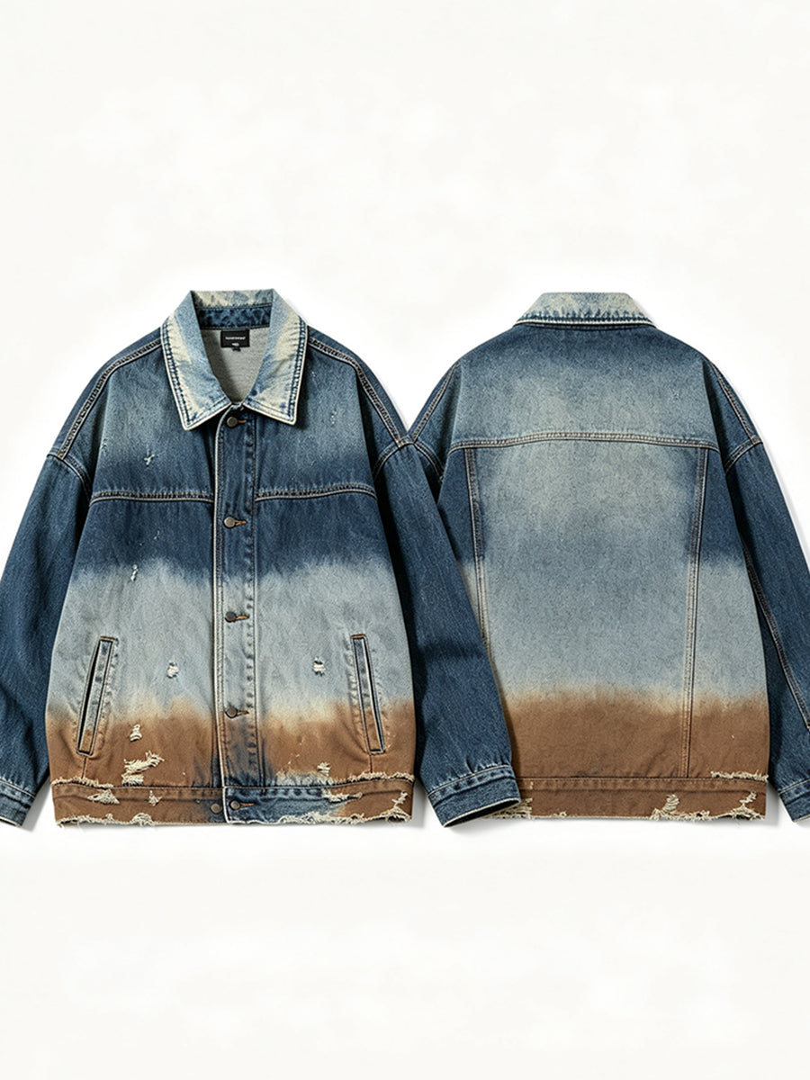 Gradient Distressed Vintage Denim Oversized Jacket Tri-Color Fade Wash | WHYSOIL
