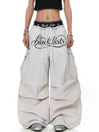 Whysoil-Cursive Print Multi-Pocket Ruched Wide Leg Cargo Pants