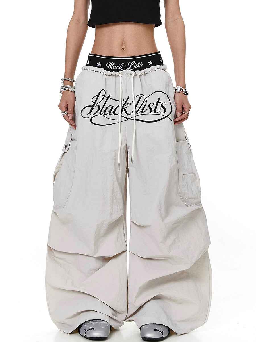 Whysoil-Cursive Print Multi-Pocket Ruched Wide Leg Cargo Pants