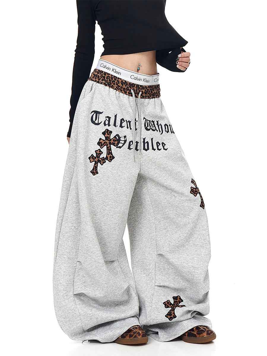 Whysoil-Leopard Waistband Cross Embroidery Gothic Letter Loose Harem Cargo Pants