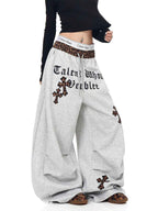 Whysoil-Leopard Waistband Cross Embroidery Gothic Letter Loose Harem Cargo Pants
