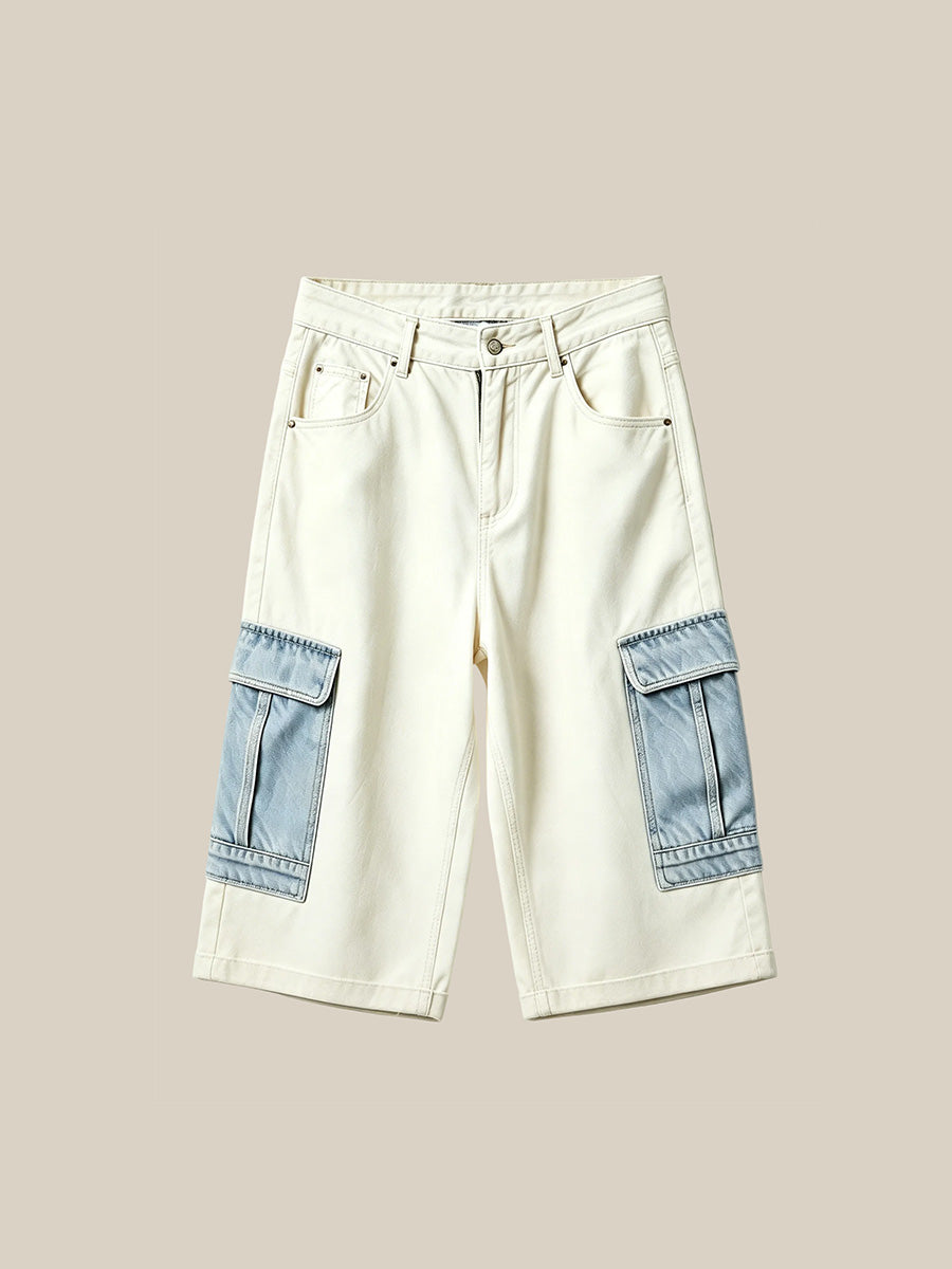 Vintage Series Cargo Capri Jeans, Relaxed Silhouette, Off White Contrast Blue | WHYSOIL