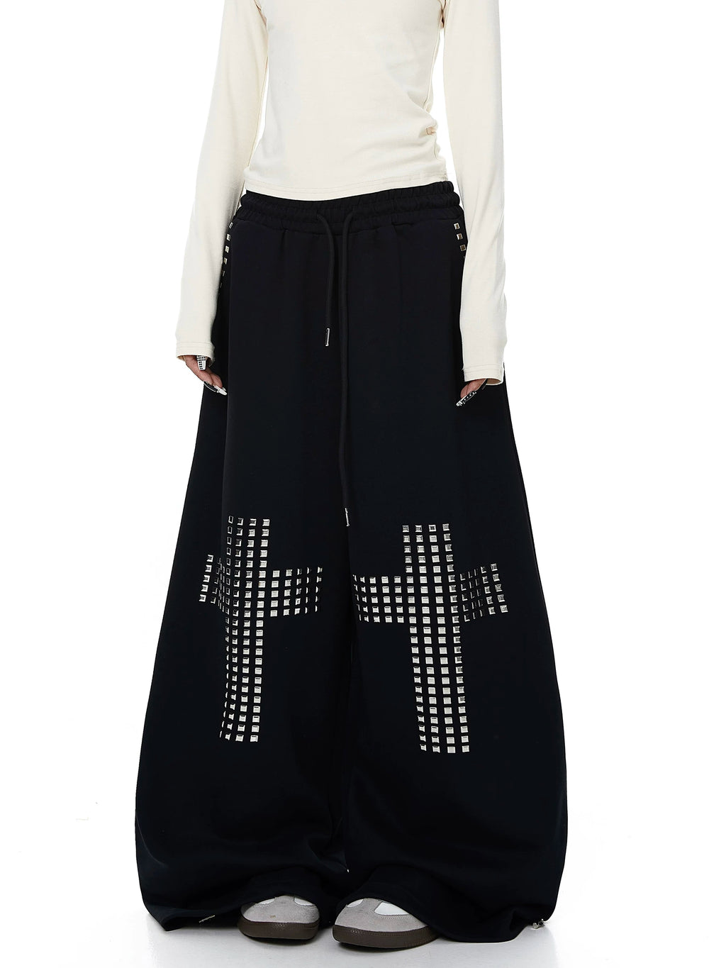 Whysoil Unisex Rhinestone Cross Wide-Leg Sweatpants