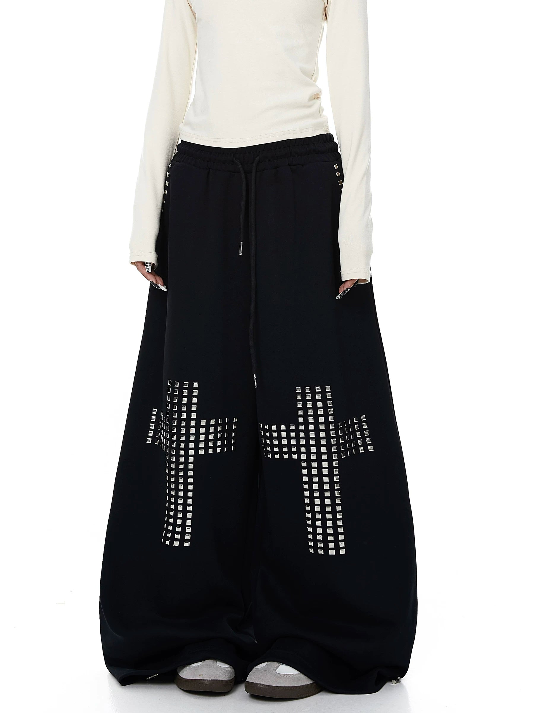 Whysoil Unisex Rhinestone Cross Wide-Leg Sweatpants