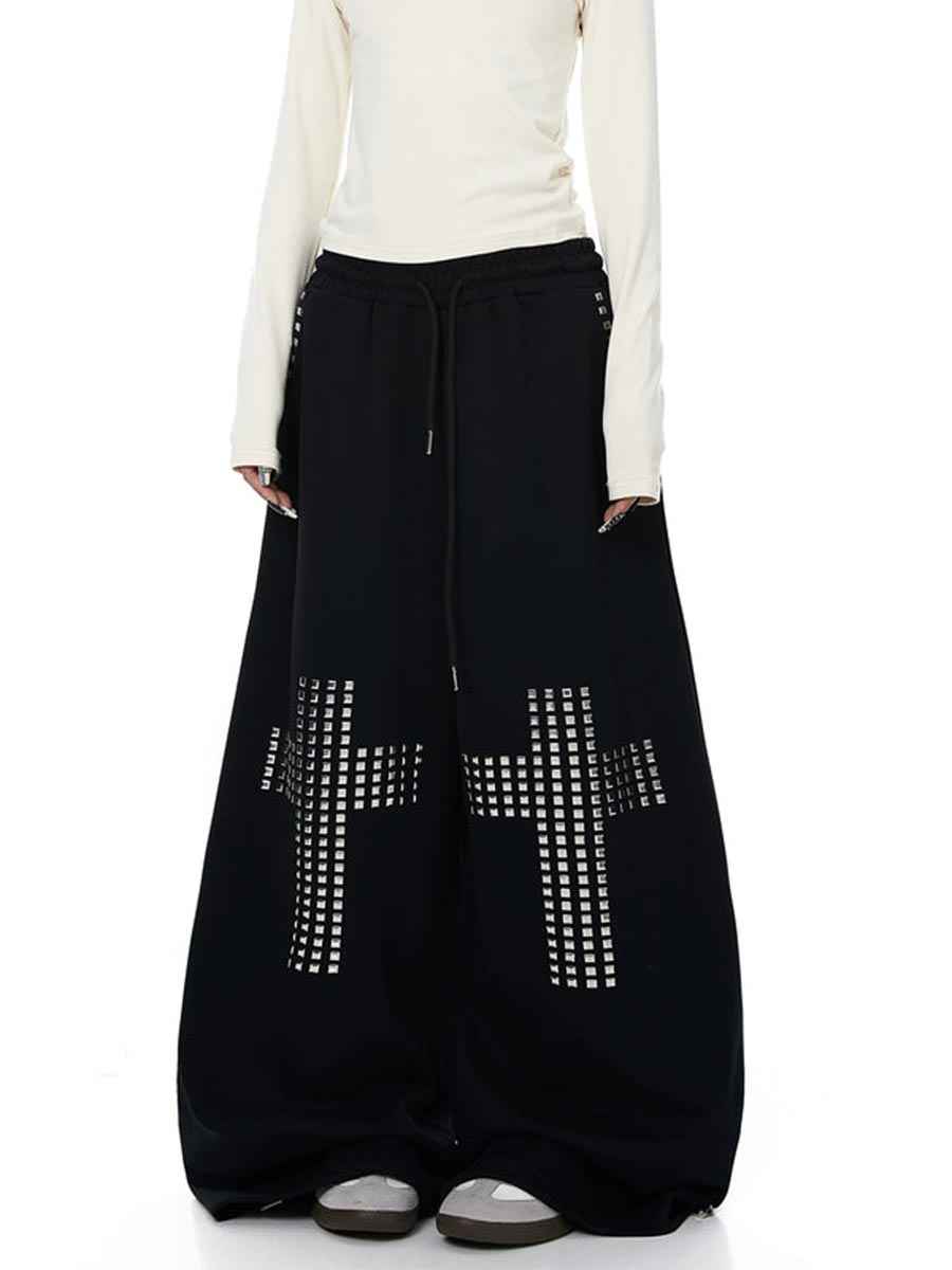Whysoil Unisex Rhinestone Cross Wide-Leg Sweatpants