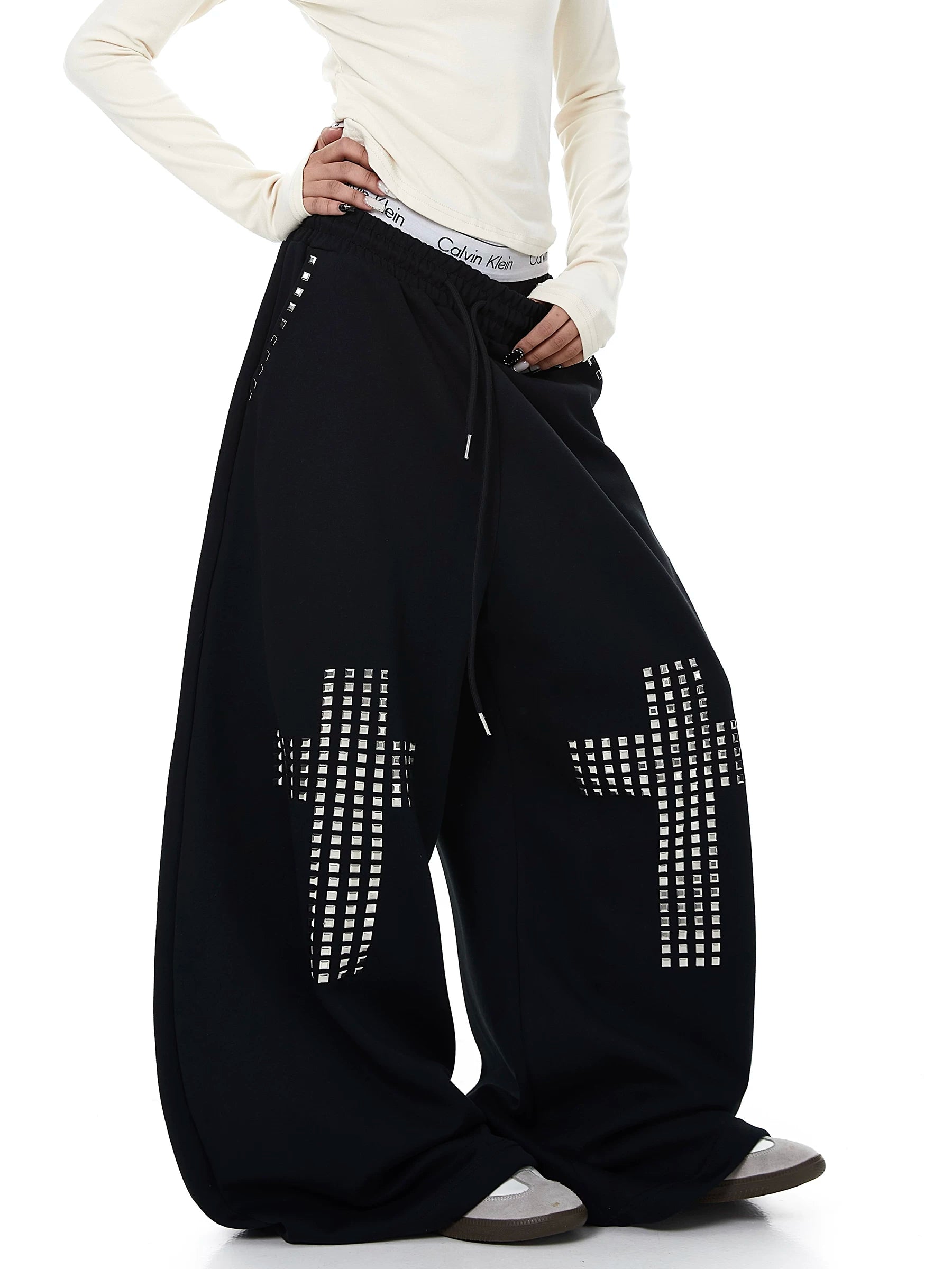 Whysoil Unisex Rhinestone Cross Wide-Leg Sweatpants
