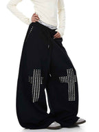 Whysoil Unisex Rhinestone Cross Wide-Leg Sweatpants